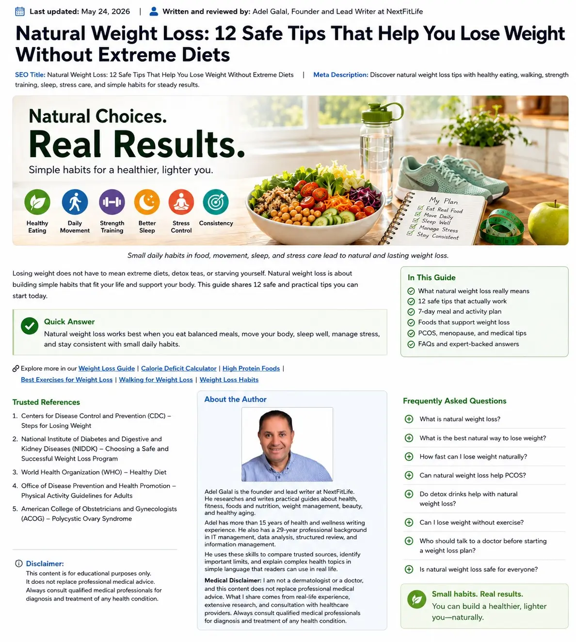 Balanced meal, water, walking shoes, dumbbells, measuring tape, and a habit journal representing safe natural weight loss