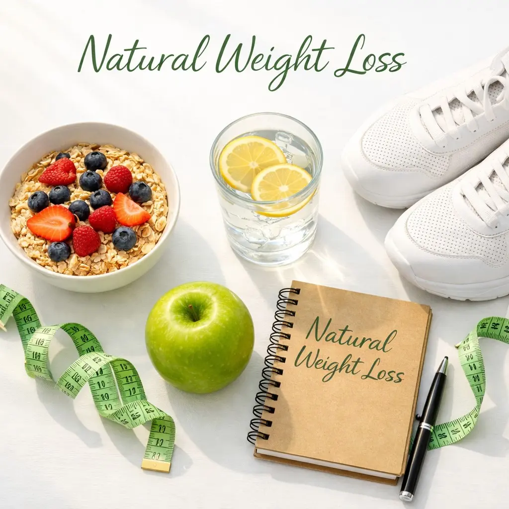 Natural weight loss tools including healthy food, water, trainers, and a notebook on a white surface