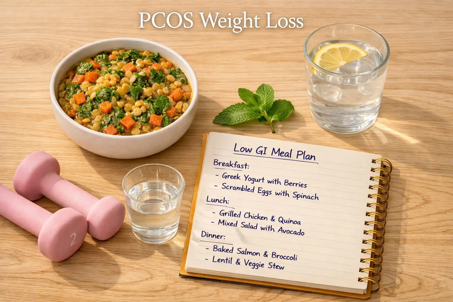Lentils, vegetables, water dumbbells and a meal plan representing PCOS weight loss through diet and exercise on a wooden surface