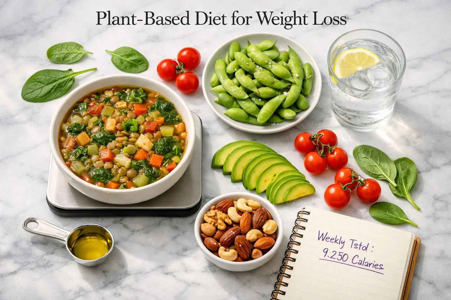 Plant-Based Diet for Weight Loss including lentil soup edamame avocado nuts and vegetables on white marble