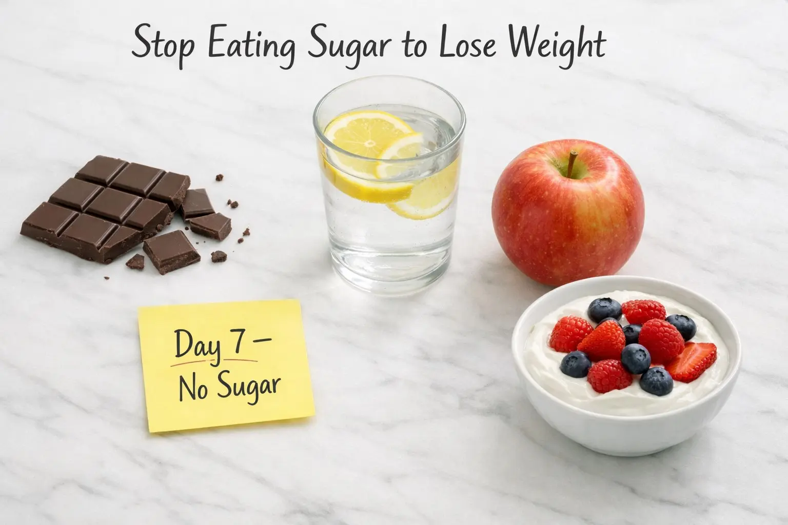Foods showing how to stop eating sugar for weight loss — water, fruit, yoghurt replacing sweet snacks