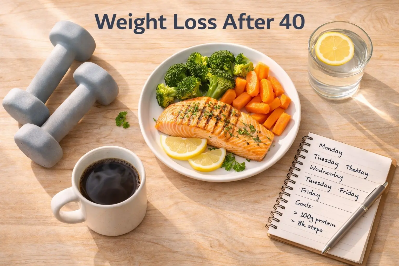 Dumbbells salmon vegetables water and weekly plan representing weight loss after 40 with diet and exercise