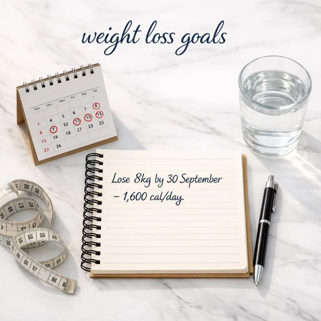 Notebook with handwritten weight loss goals, calendar, tape measure and water on white marble