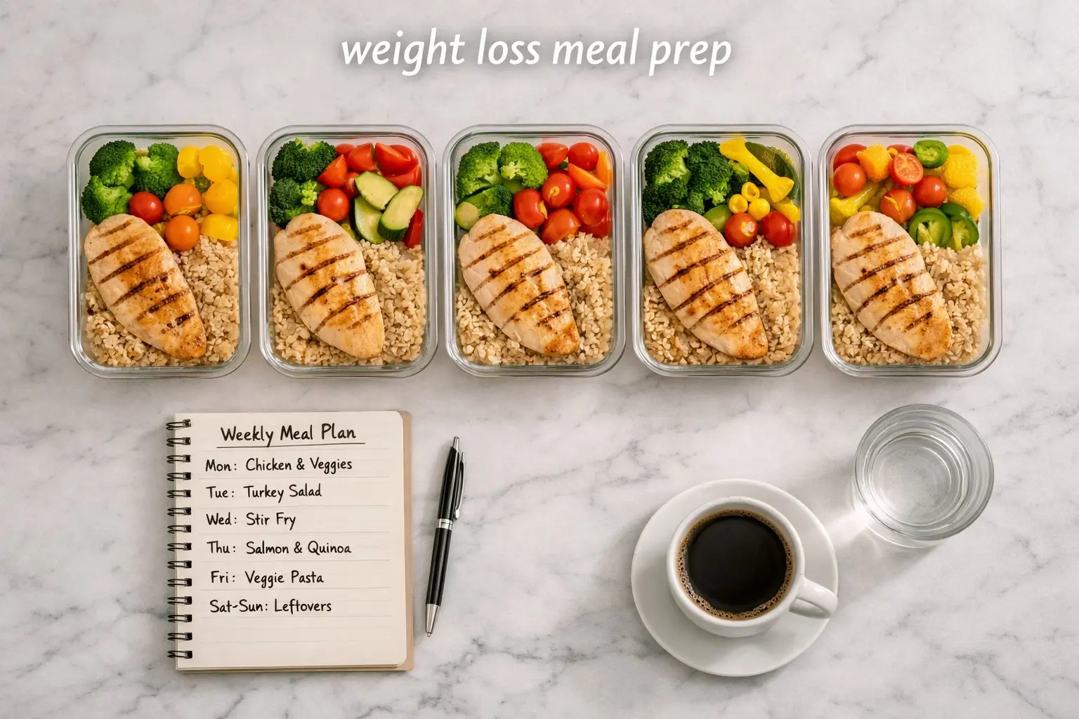 Five meal prep containers with chicken rice and vegetables arranged for weight loss meal prep on white marble
