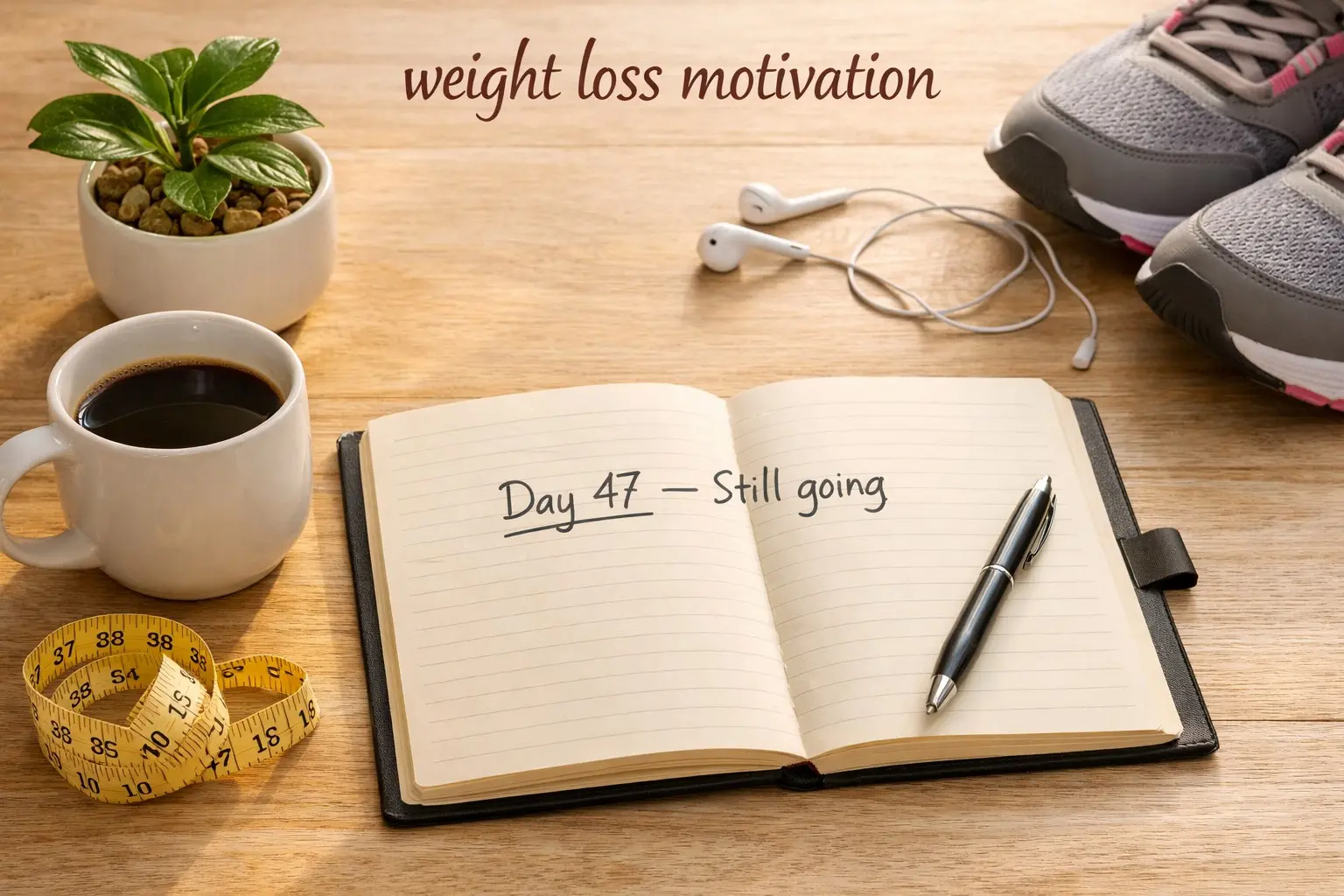 Journal showing weight loss motivation entry, coffee, plant and trainers on a light wood surface
