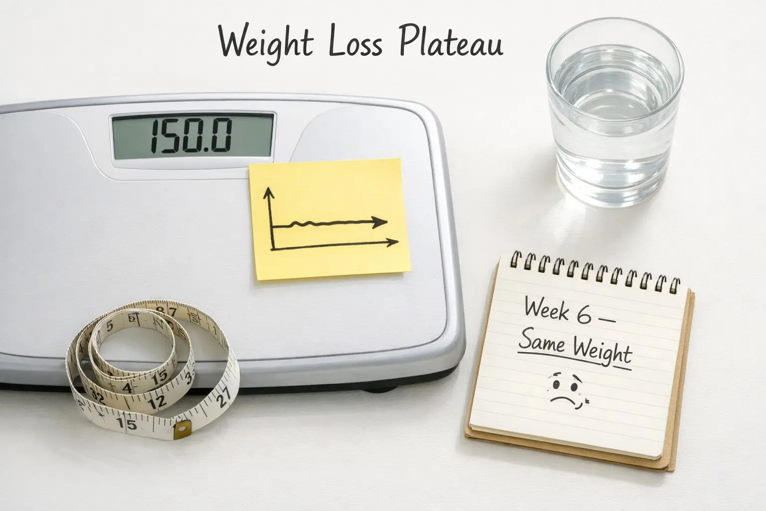 Bathroom scale and notebook showing a weight loss plateau with healthy lifestyle tools