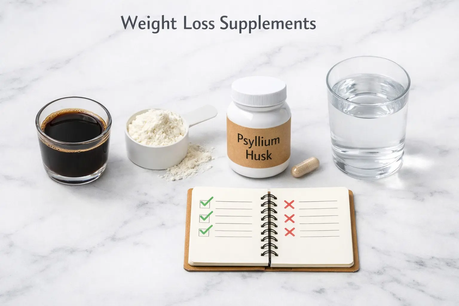 Coffee protein powder psyllium capsule and checklist representing evidence-based weight loss supplements on white marble