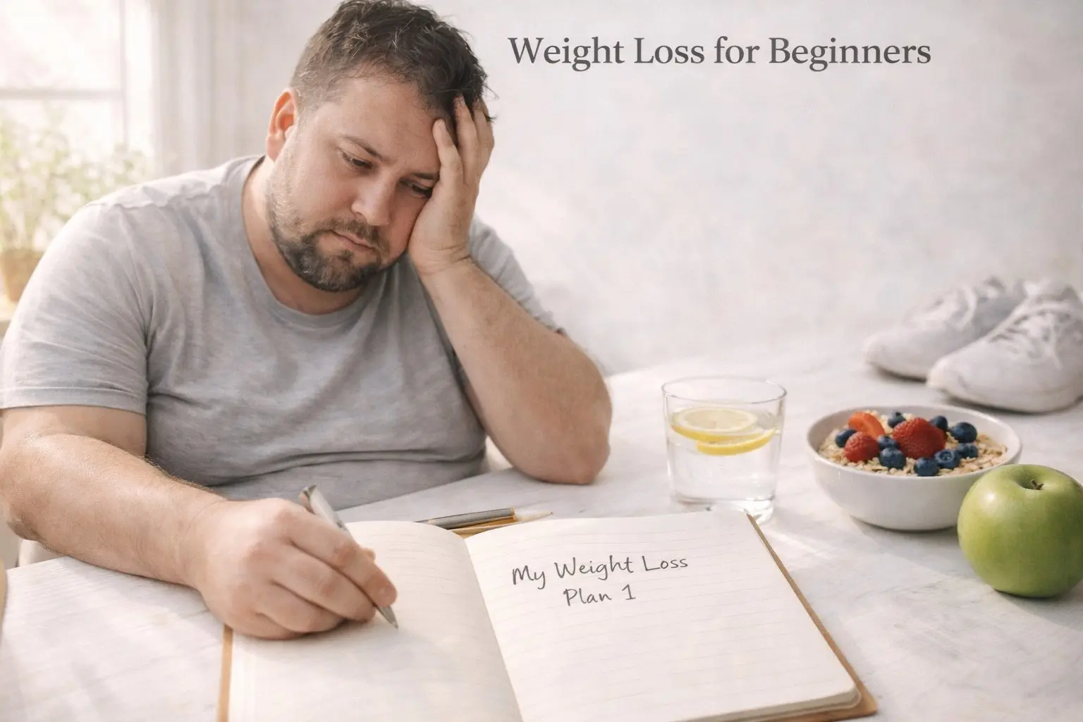 Weight Loss for Beginners plan with healthy food, water, notebook and trainers on a white surface