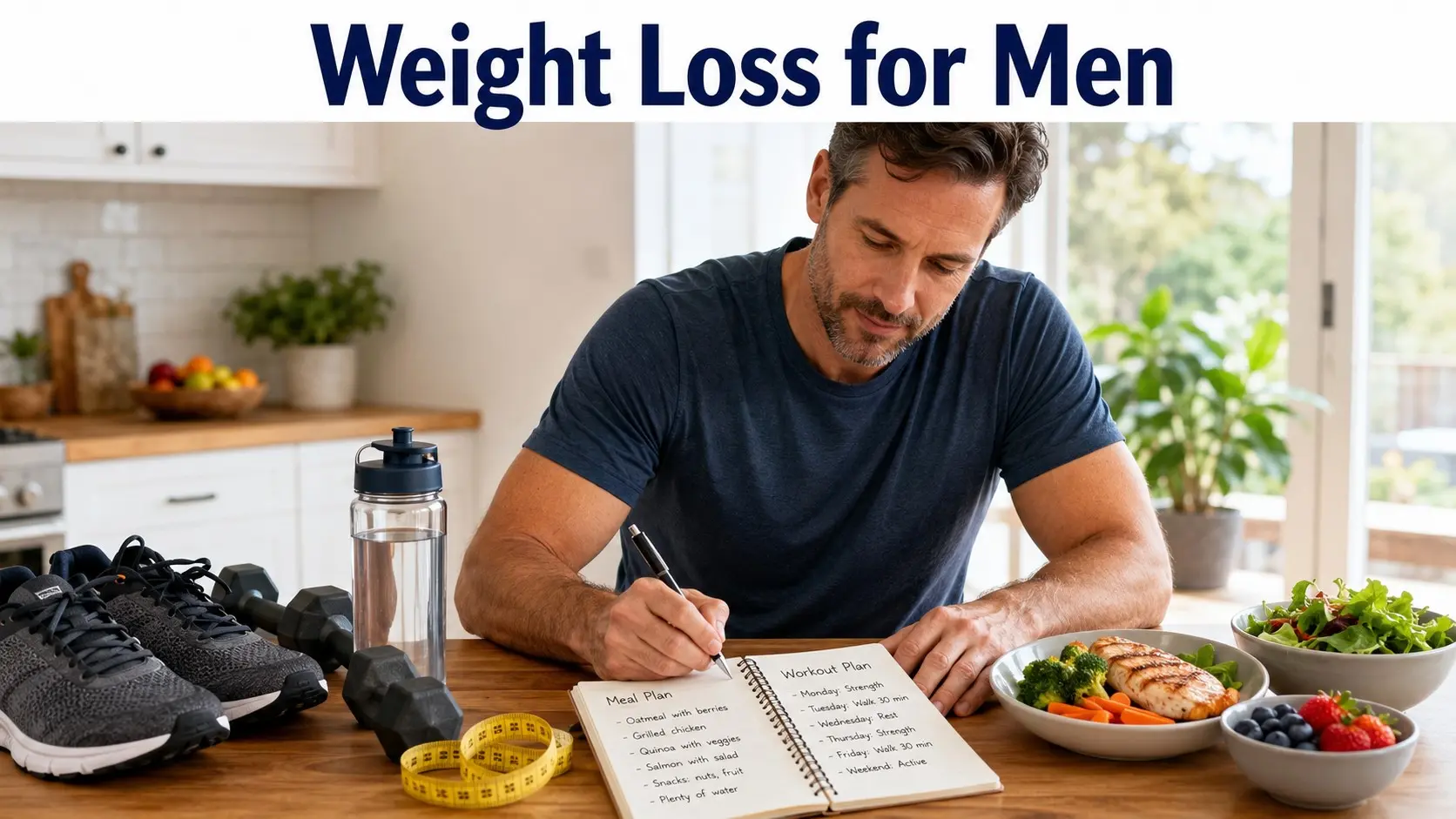 Weight Loss for Men guide with healthy food, water, walking shoes, dumbbells, and a simple meal and workout plan