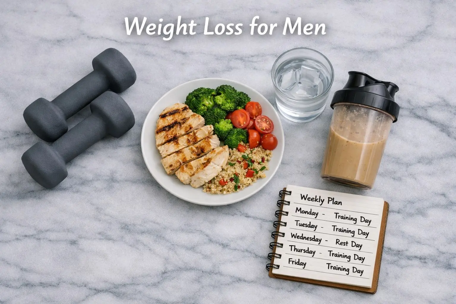 Dumbbells, chicken meal protein shake and weekly plan representing weight loss for men through diet and exercise