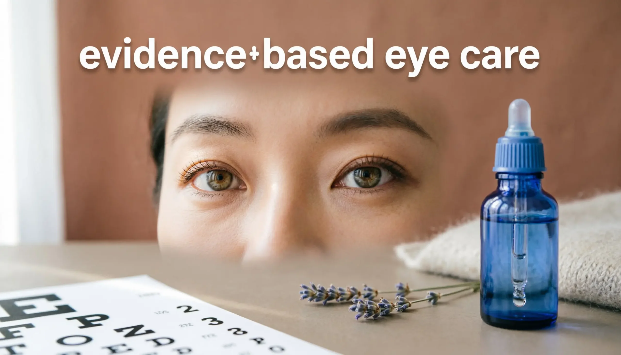 Evidence‑based eye care guide – pair of eyes, eye chart, relaxing scene, representing healthy vision.