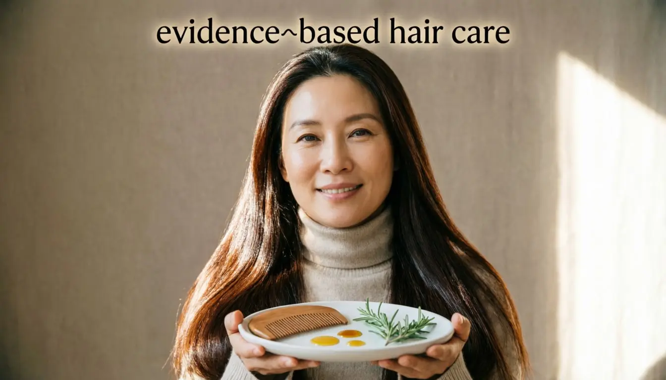 Evidence‑based hair care guide – shiny hair, comb, natural oils, scalp massage, representing healthy hair.