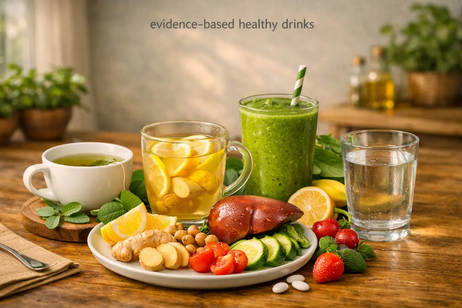 Evidence‑based beverages & drinks guide – green tea, lemon ginger tea, smoothie, water, representing healthy hydration.