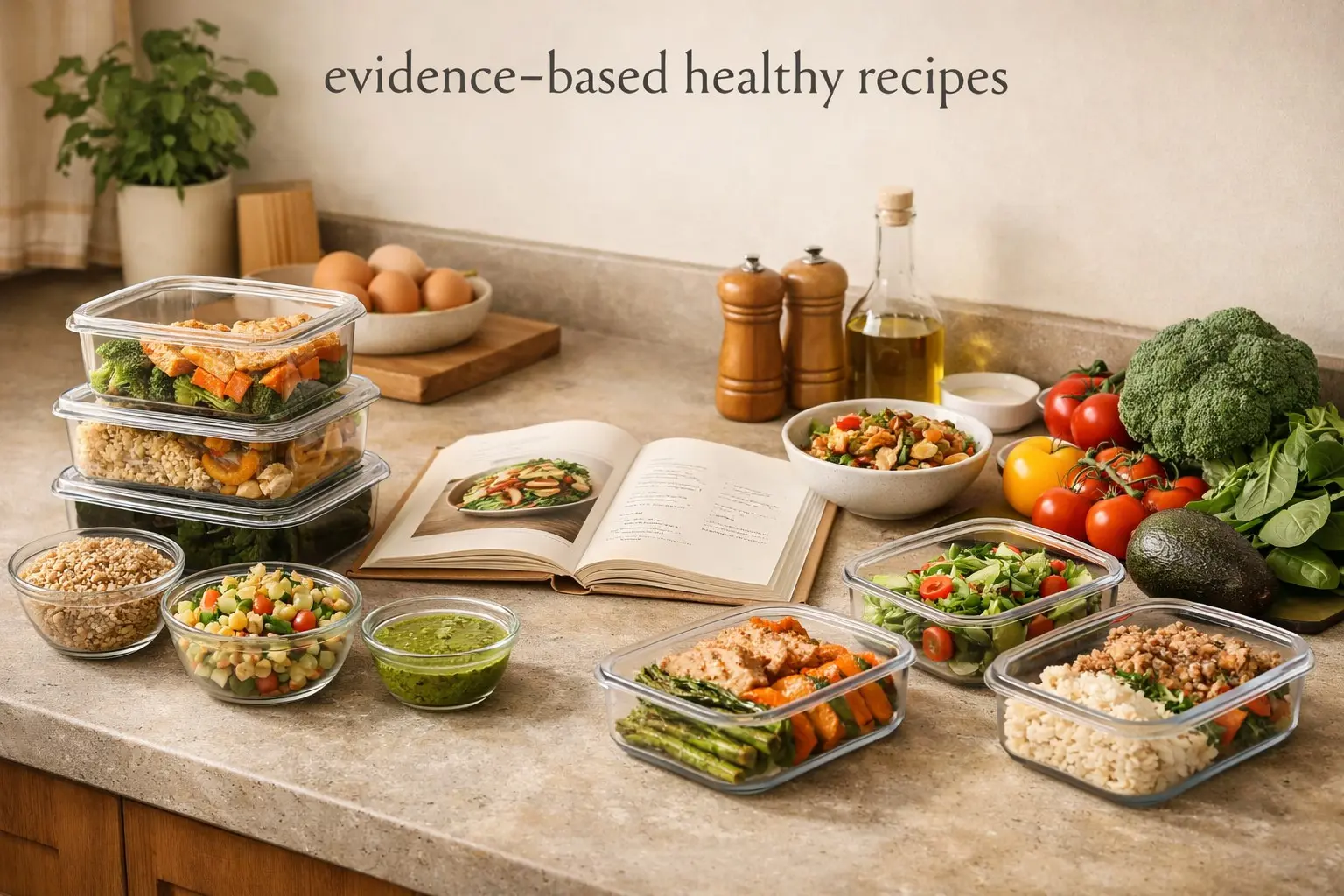 Evidence‑based meal prep & recipes guide – kitchen counter with ingredients, meal containers, recipe book, representing healthy cooking.