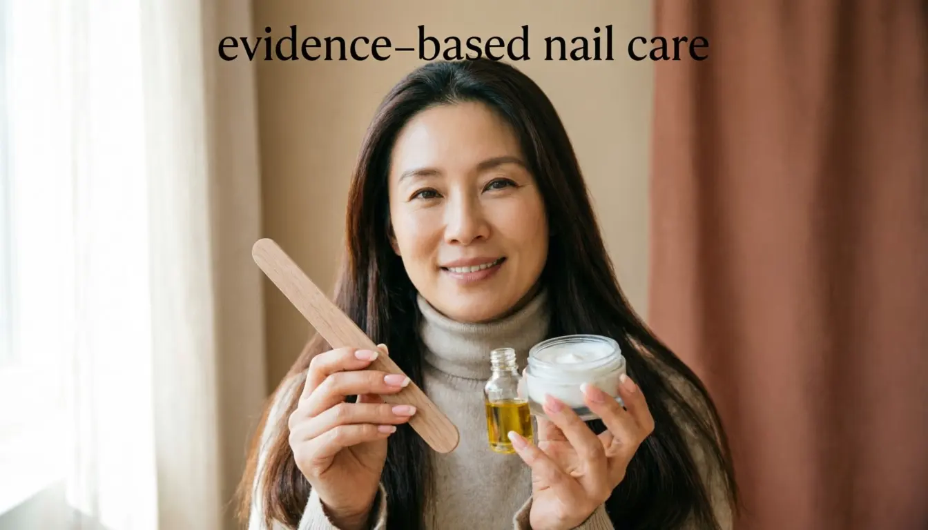 Evidence‑based nail care guide – strong nails, nail file, natural oils, hand cream, representing healthy nails.