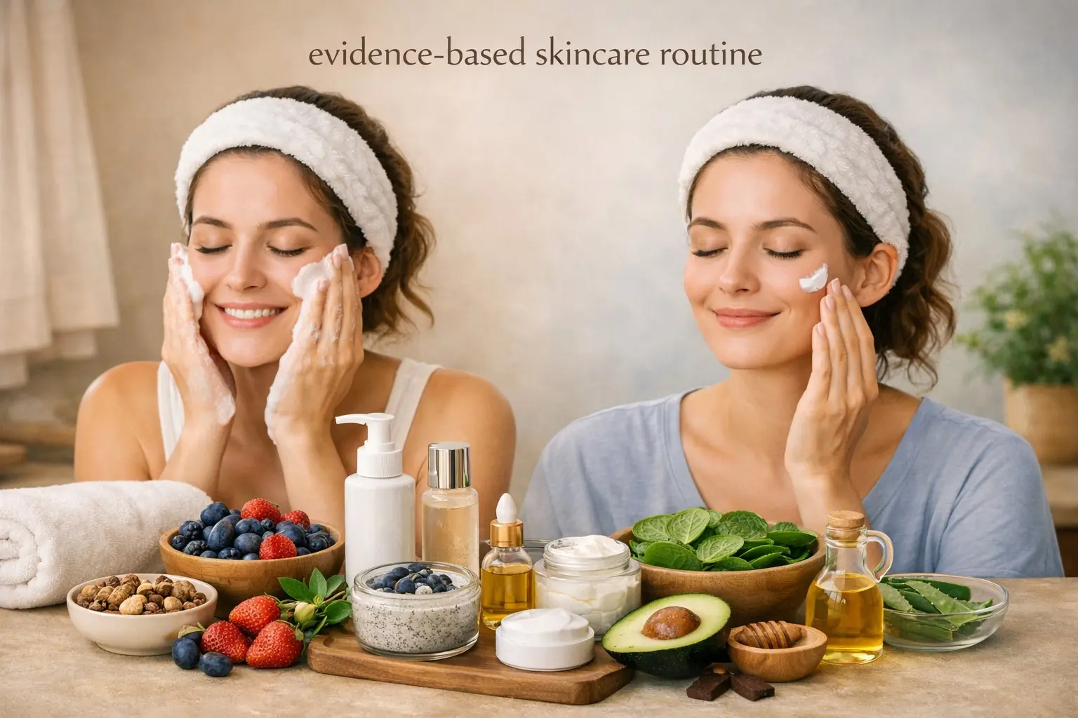 Evidence‑based skincare basics guide – person with skincare routine, natural ingredients, representing healthy skin.