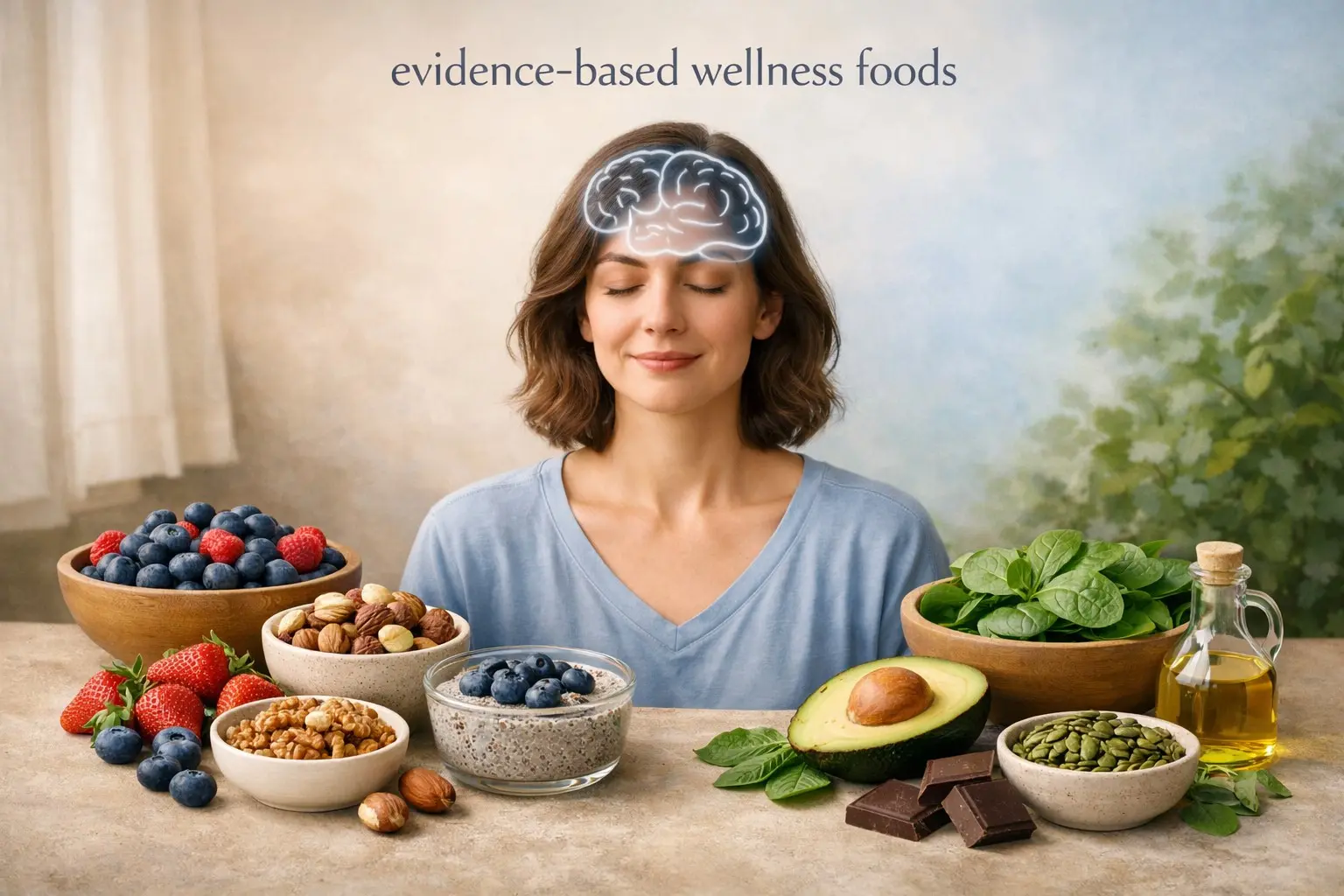 Evidence‑based mind‑body & general wellness guide – peaceful person, brain outline, brain‑supporting foods, representing holistic wellness