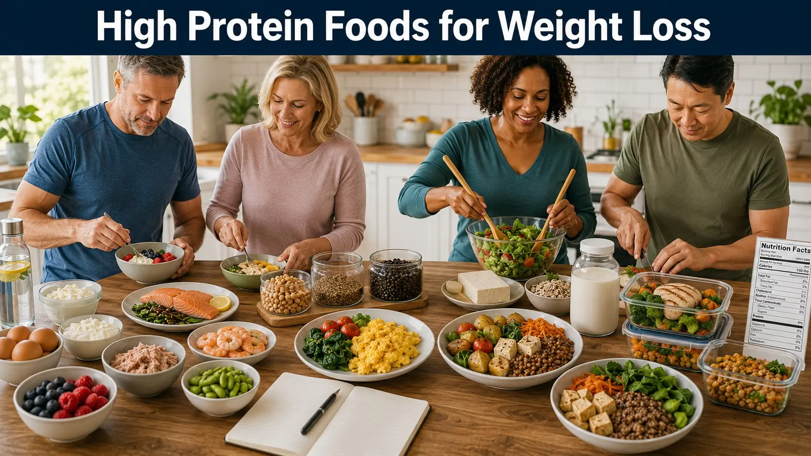 High protein foods for weight loss including Greek yogurt, eggs, chicken, fish, lentils, beans, tofu, vegetables, and fruit