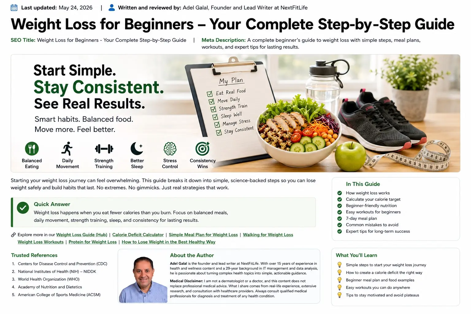 weight-loss-for-beginners - Beginner preparing a balanced meal beside walking shoes, water, light dumbbells, an apple, measuring tape, and a simple weight loss plan.