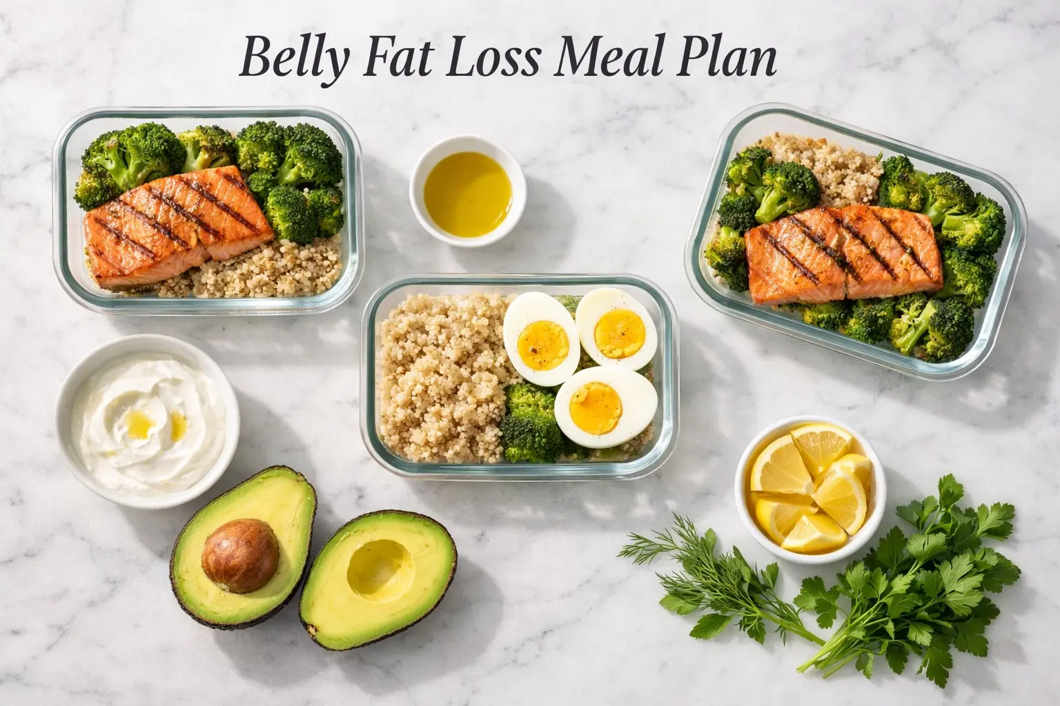 Belly fat loss meal plan — weekly meal prep flat lay with grilled salmon, eggs, Greek yogurt, broccoli, and quinoa arranged in glass containers on a white marble surface