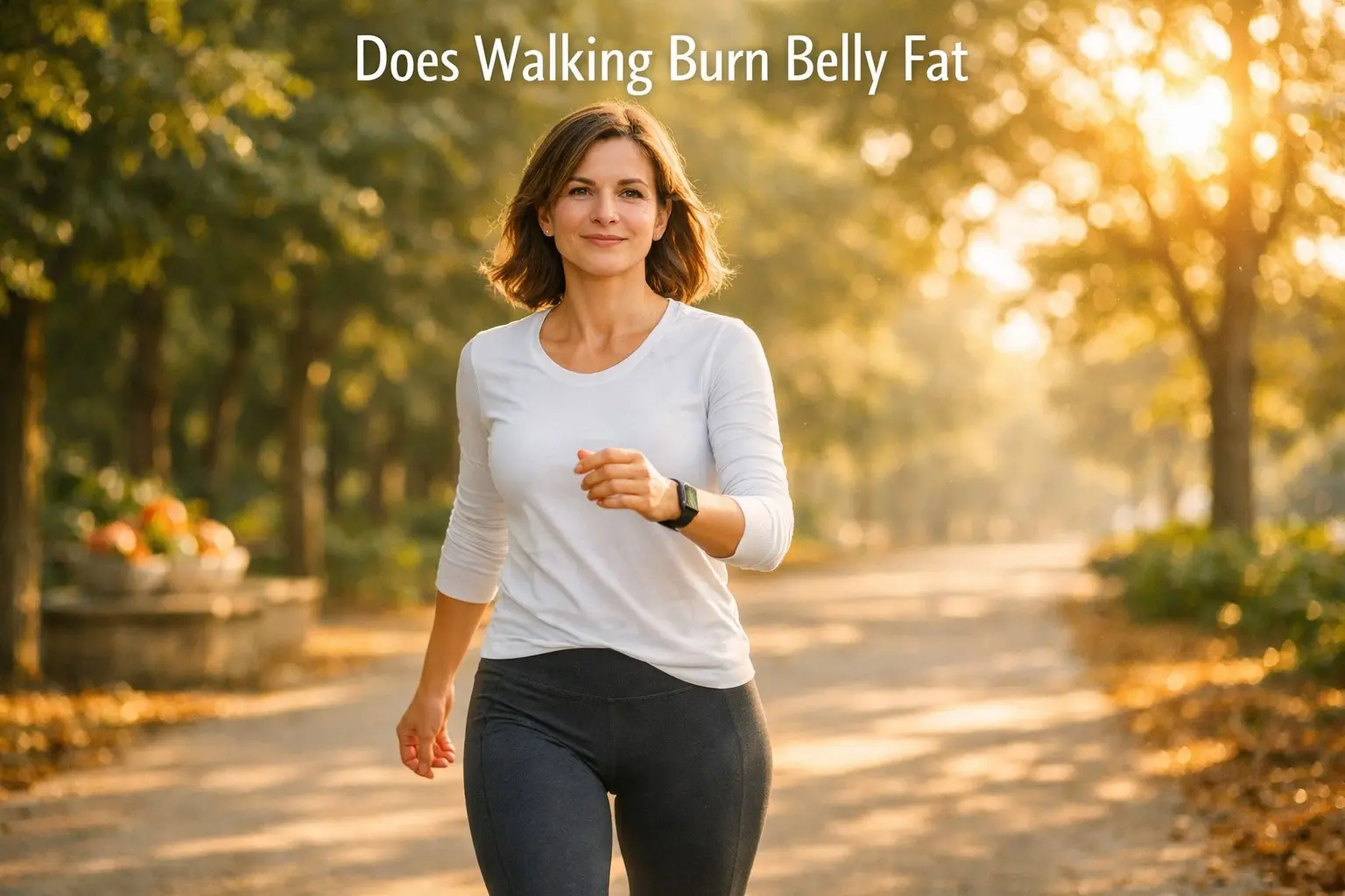 Does walking burn belly fat — woman walking briskly outdoors in morning light demonstrating the correct pace and technique to burn visceral abdominal fat through daily walking
