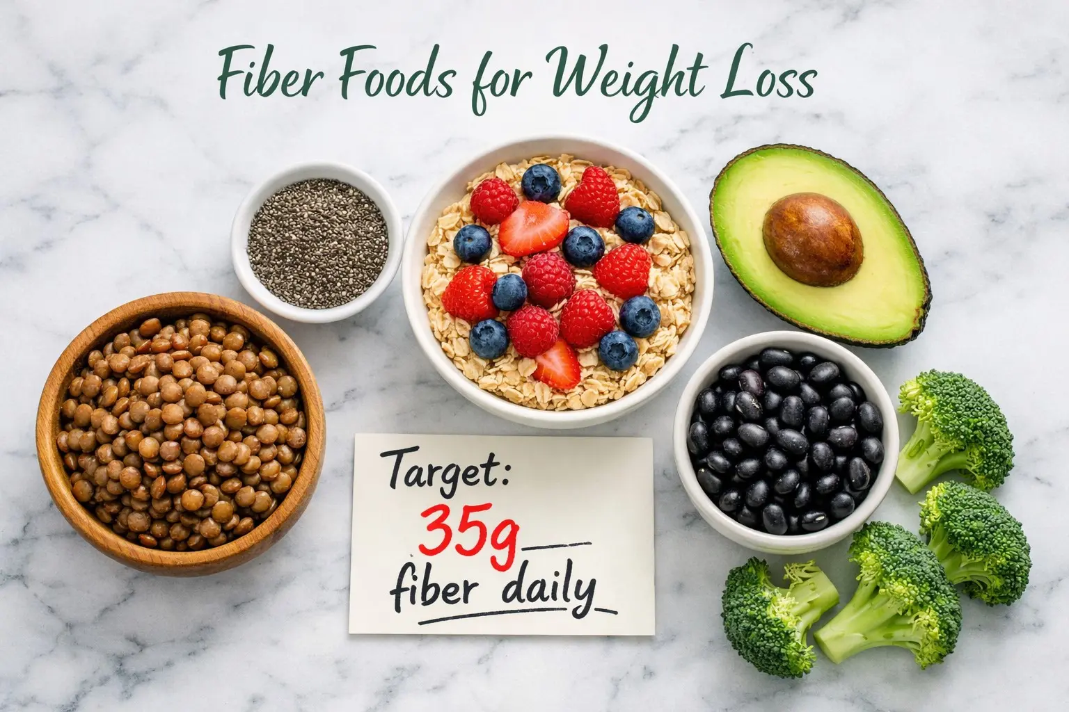 High fiber foods for weight loss including lentils chia seeds oats avocado black beans and broccoli on white marble