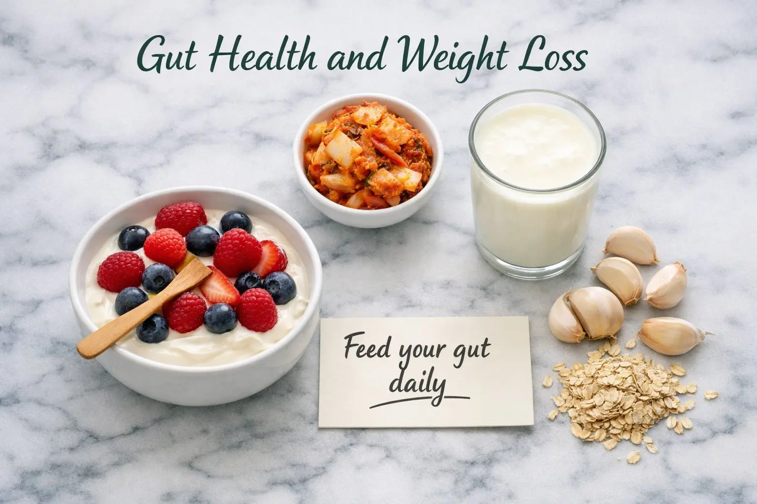 Greek yogurt, kimchi, kefir, garlic and oats representing gut health and weight loss foods on white marble