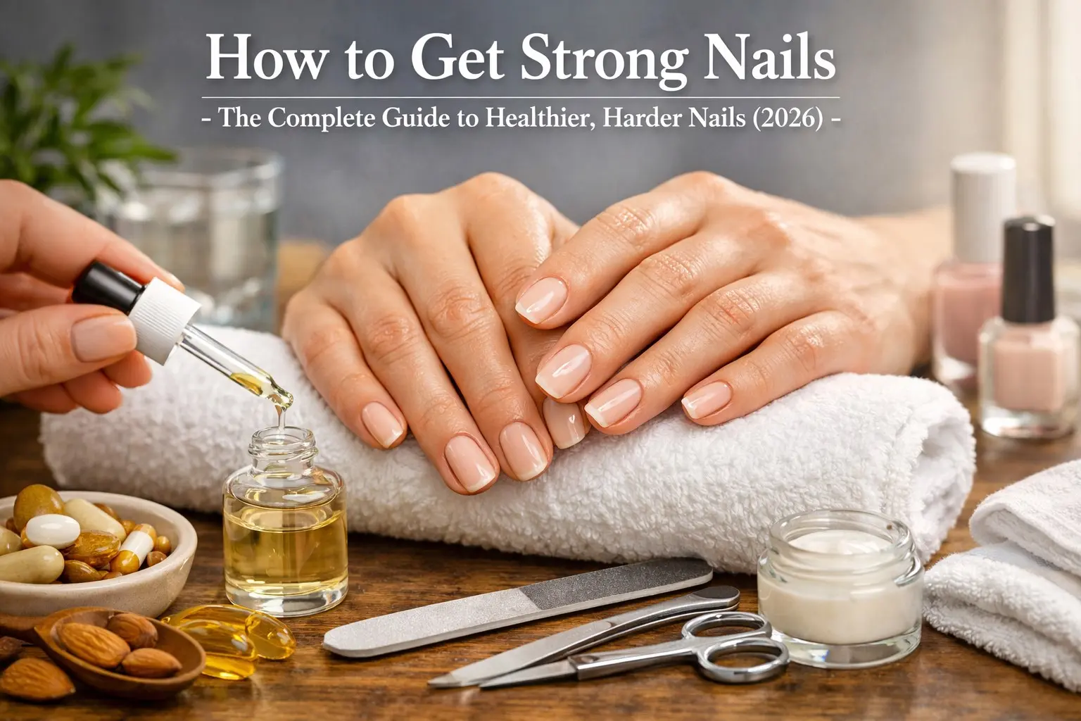 Well‑manicured hands resting on a white towel with cuticle oil, nail tools, and supplements nearby — illustrating How to Get Strong Nails through proper care and nutrition