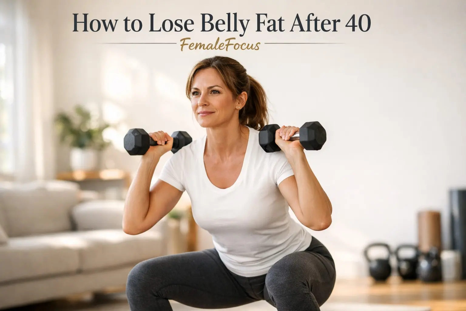 How to lose belly fat after 40 female — confident woman in her 40s doing resistance training at home, demonstrating the most effective exercise strategy for hormonal belly fat reduction after 40