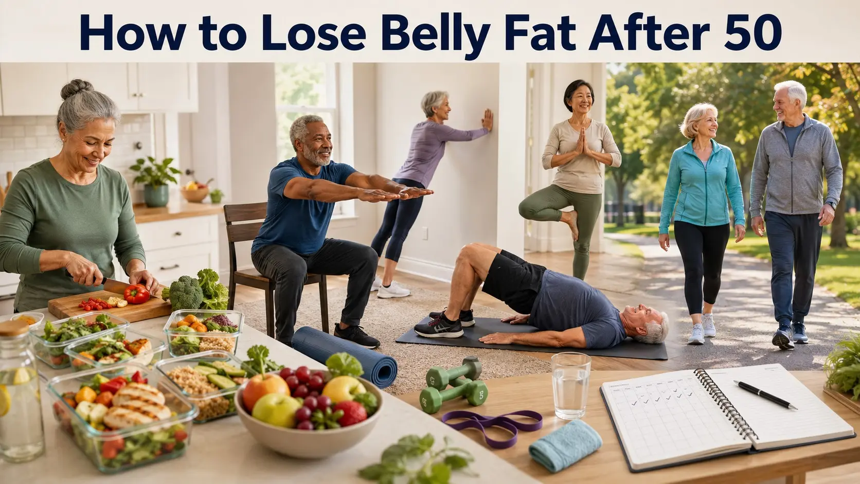 How to Lose Belly Fat After 50 guide with older adults walking, strength training, planning balanced meals, drinking water, and doing safe core work