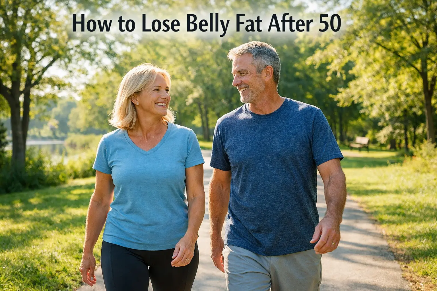 How to lose belly fat after 50 — fit couple in their 50s walking outdoors in the morning representing the exercise and lifestyle approach to belly fat loss after 50