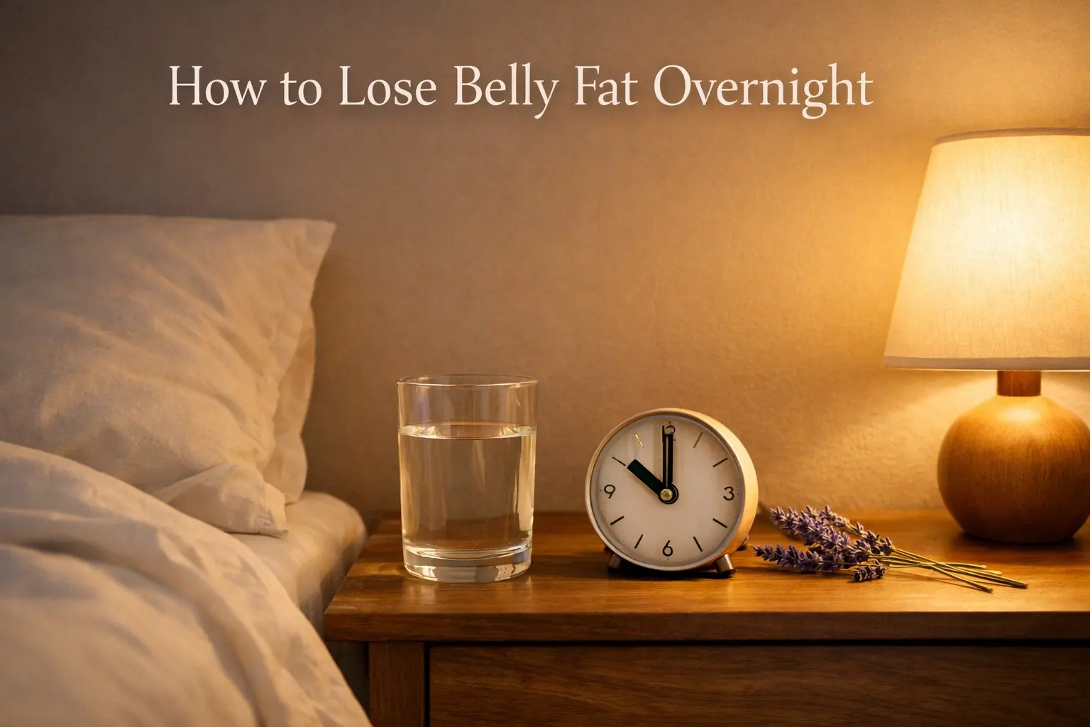 How to lose belly fat overnight — peaceful minimalist bedroom at 10pm with water glass on bedside table, representing the overnight sleep and belly fat burning routine
