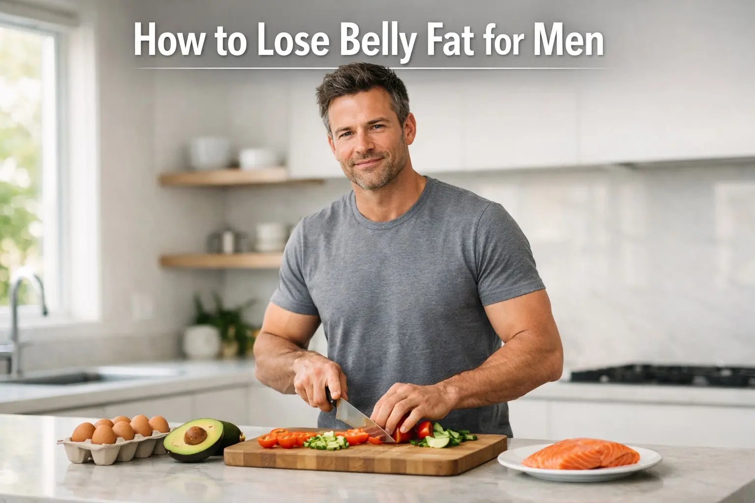 How to lose belly fat for men — fit man meal prepping high protein foods in a bright kitchen showing the dietary approach to male belly fat loss