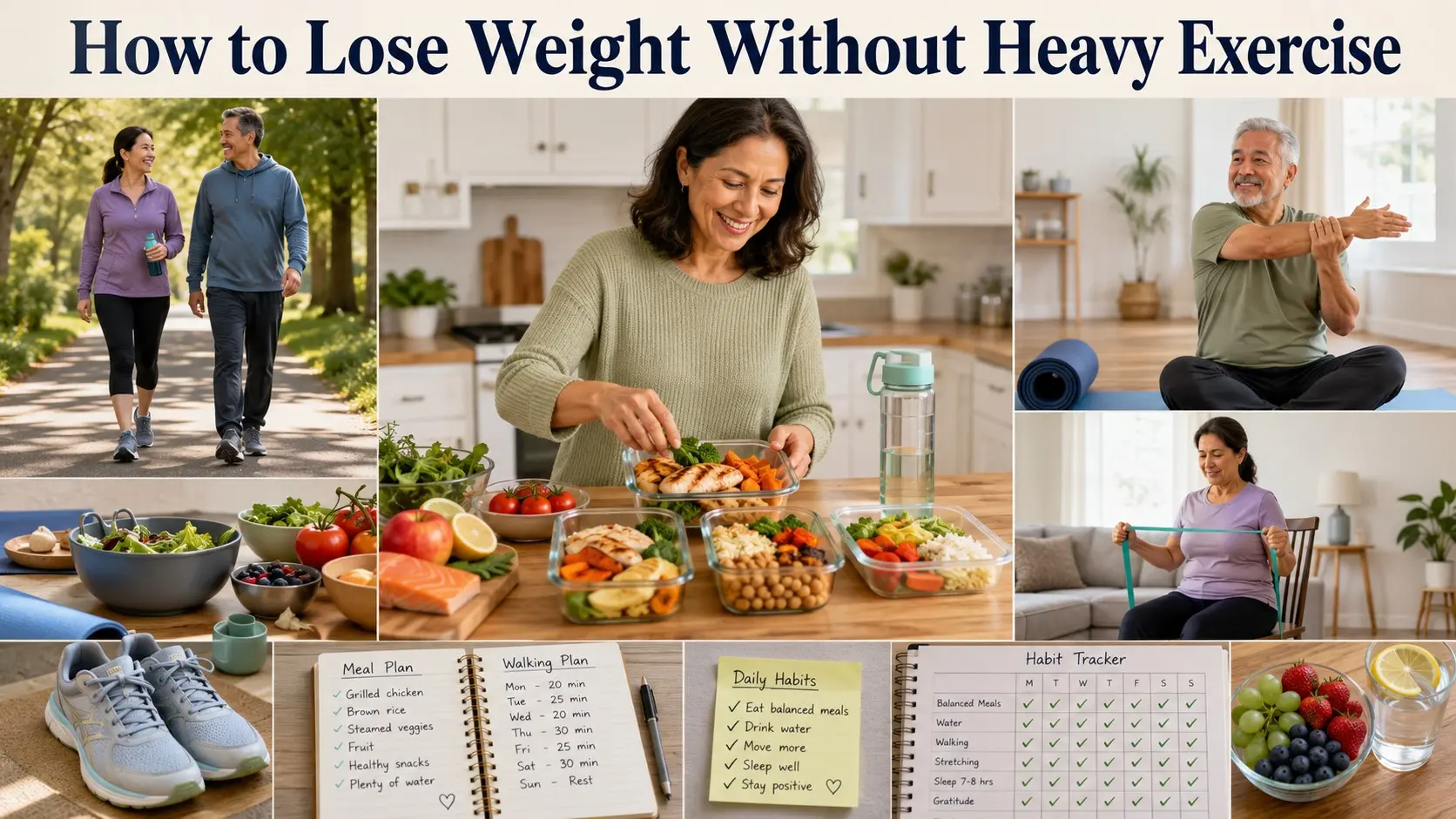 How to Lose Weight Without Heavy Exercise guide with adults preparing healthy meals, walking shoes, water, light movement, and habit planning