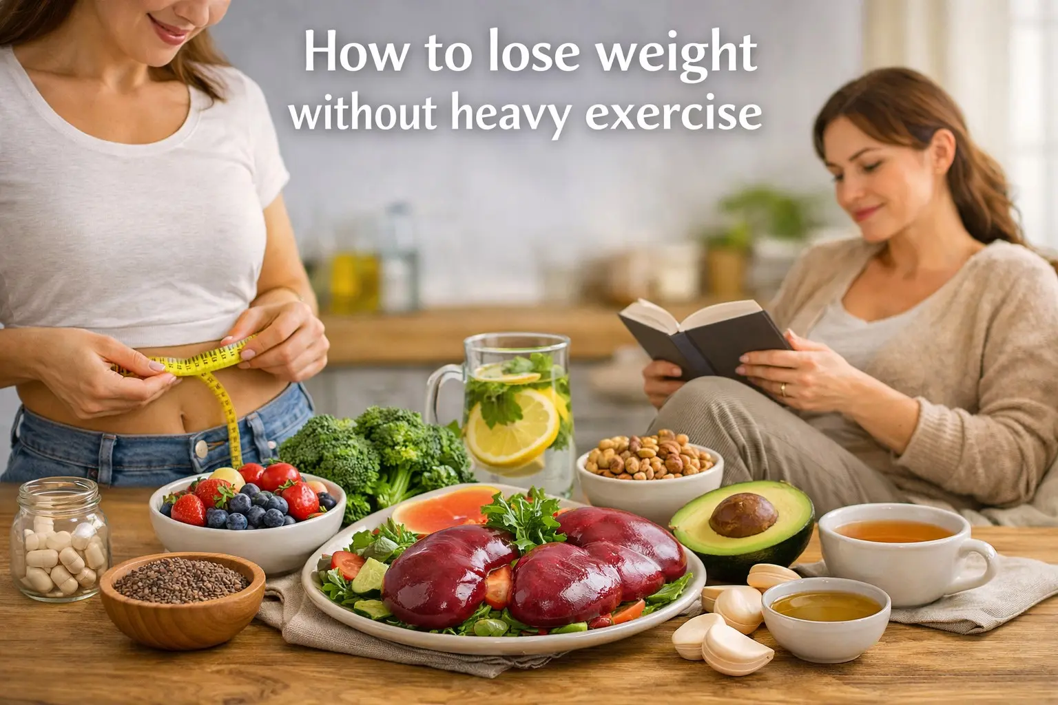 How to lose weight without heavy exercise — photorealistic scene with woman measuring waist, healthy salad, fruit, nuts, and water, promoting mindful eating and gentle lifestyle habits