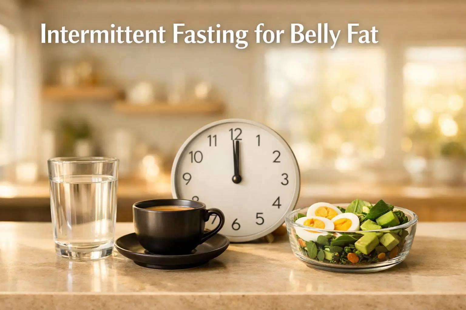 Intermittent fasting for belly fat — glass of water and black coffee during fasting window next to a clock, illustrating the 16:8 method for reducing visceral abdominal fat