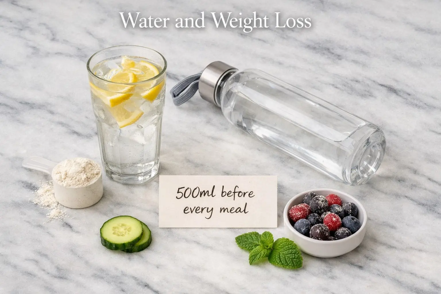 Glass of water with lemon water bottle and meal timing card representing water and weight loss habits