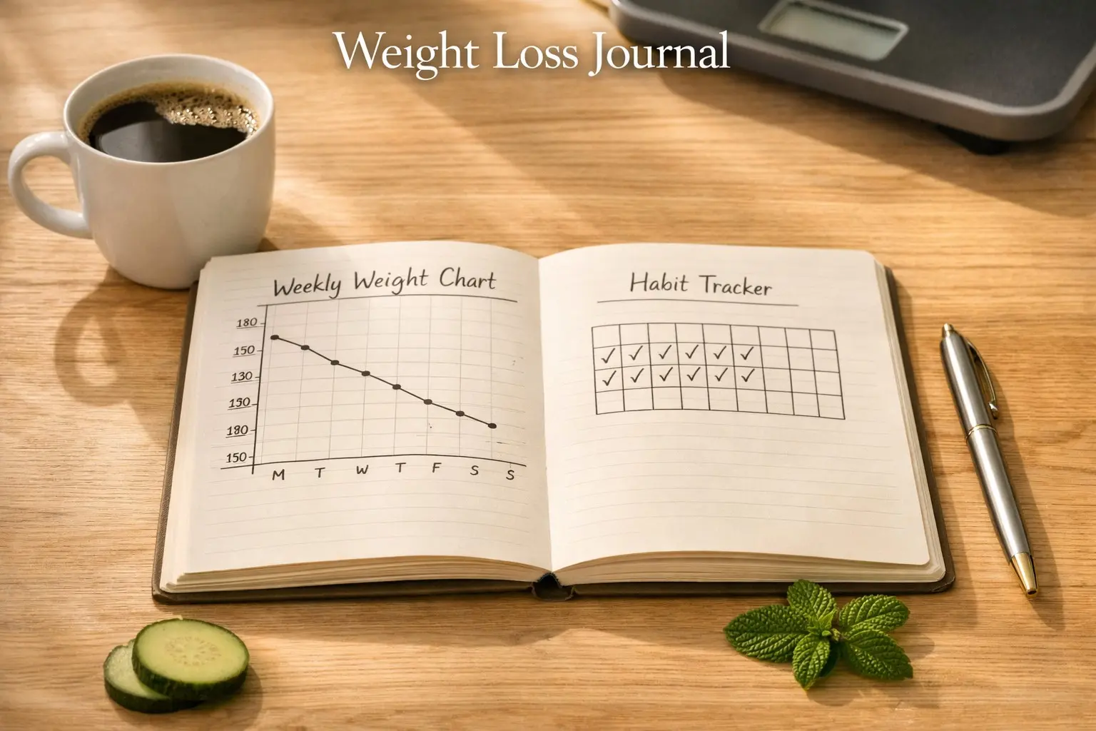 Open weight loss journal with habit tracker weight chart coffee and pen representing journaling for fat loss
