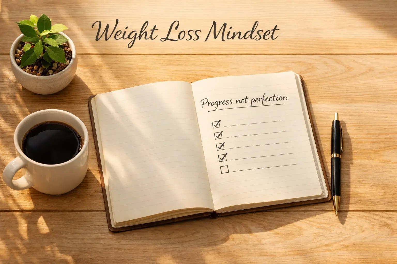 Journal with progress, not perfection, note coffee plant and habit checklist representing weight loss mindset and psychology