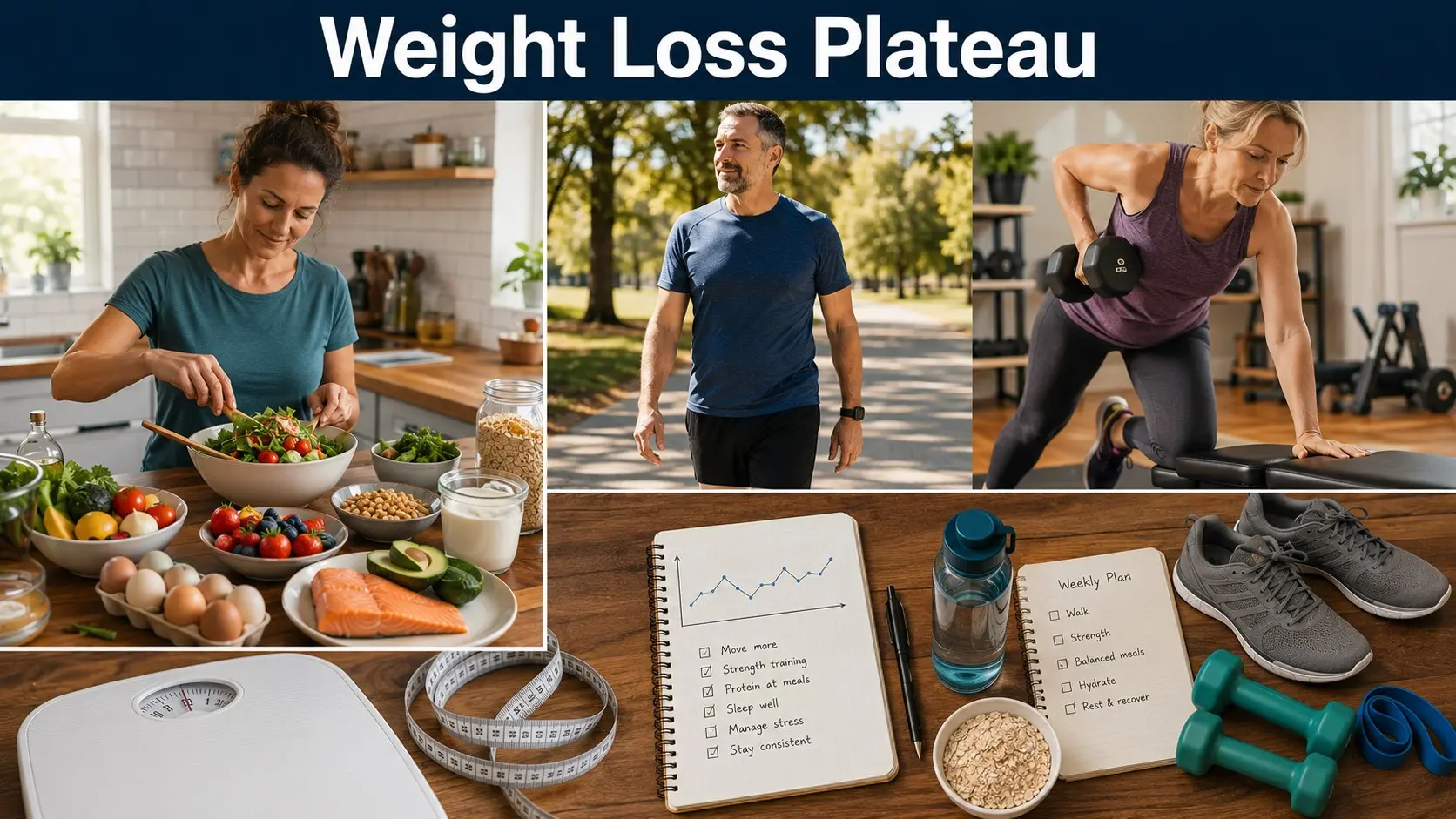 Adults reviewing food, walking, strength training, sleep, and weight trends to break a weight loss plateau