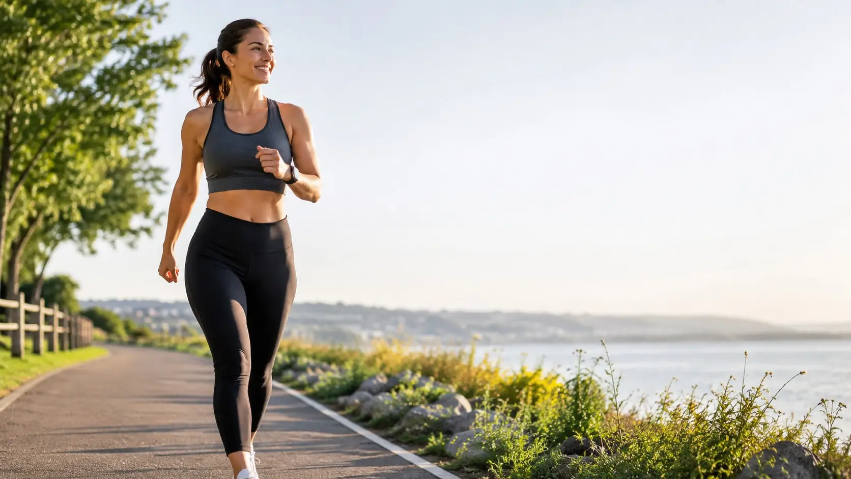does walking burn belly fat - Adult taking a brisk walk on a safe lakeside path with upright posture, active arm swing, comfortable shoes, and warm morning light