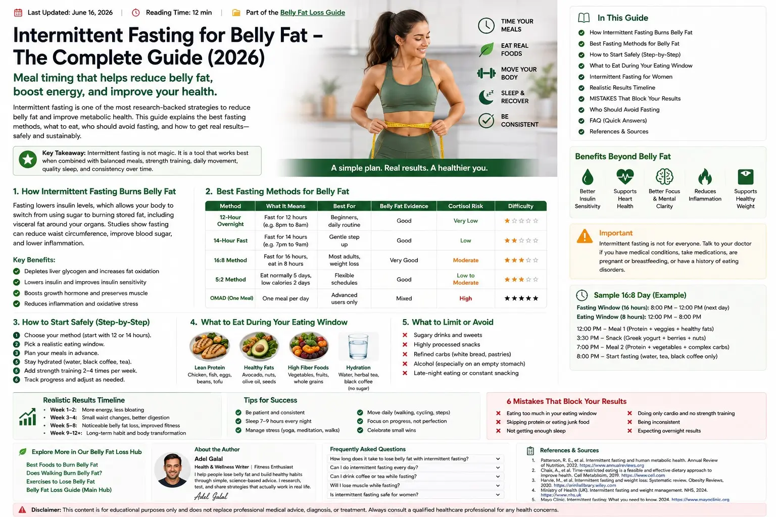intermittent fasting for belly fat- Adult planning a safe intermittent fasting eating window beside a balanced meal, water, walking shoes, light dumbbells, a clock, and a sleep journal