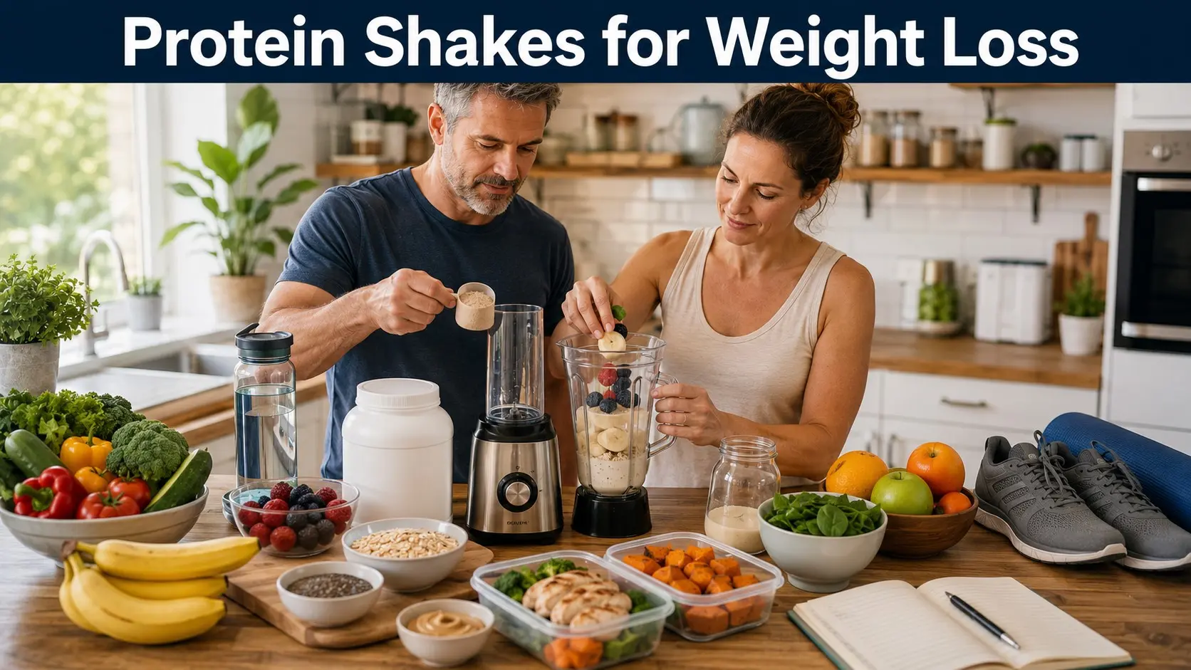 Protein Shakes for Weight Loss guide with adults making balanced shakes, reading labels, planning meals, and using whole food protein sources