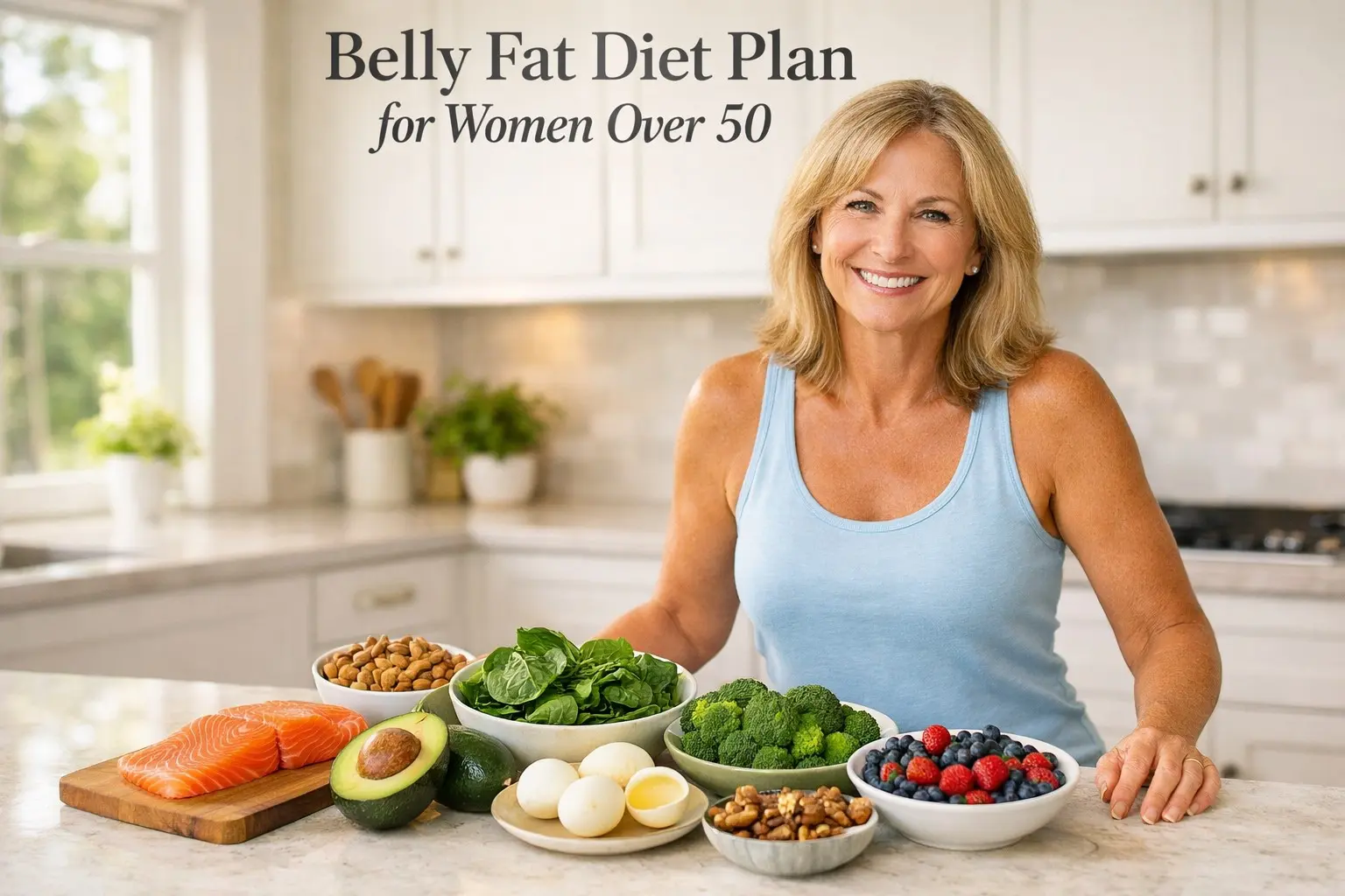 Belly Fat Diet Plan for Women Over 50 — fit woman in a bright kitchen smiling beside salmon, avocado, eggs, nuts, berries, and greens, representing healthy eating after menopause.