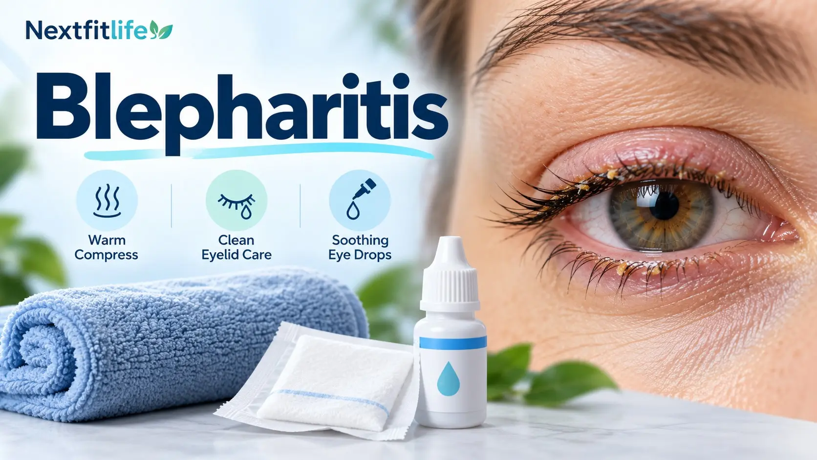 Blepharitis guide showing eyelid inflammation, lash crusts, lid hygiene, and daily eye care