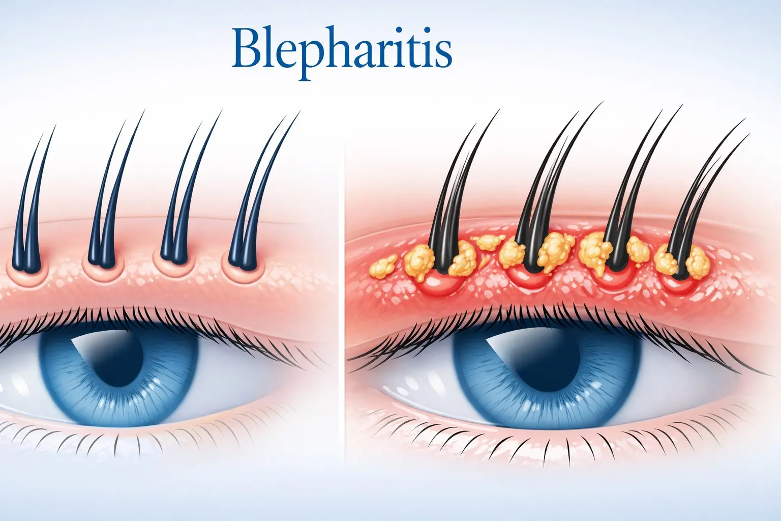Blepharitis causes symptoms and daily eyelid hygiene routine showing warm compress and lid cleansing for managing chronic eyelid inflammation