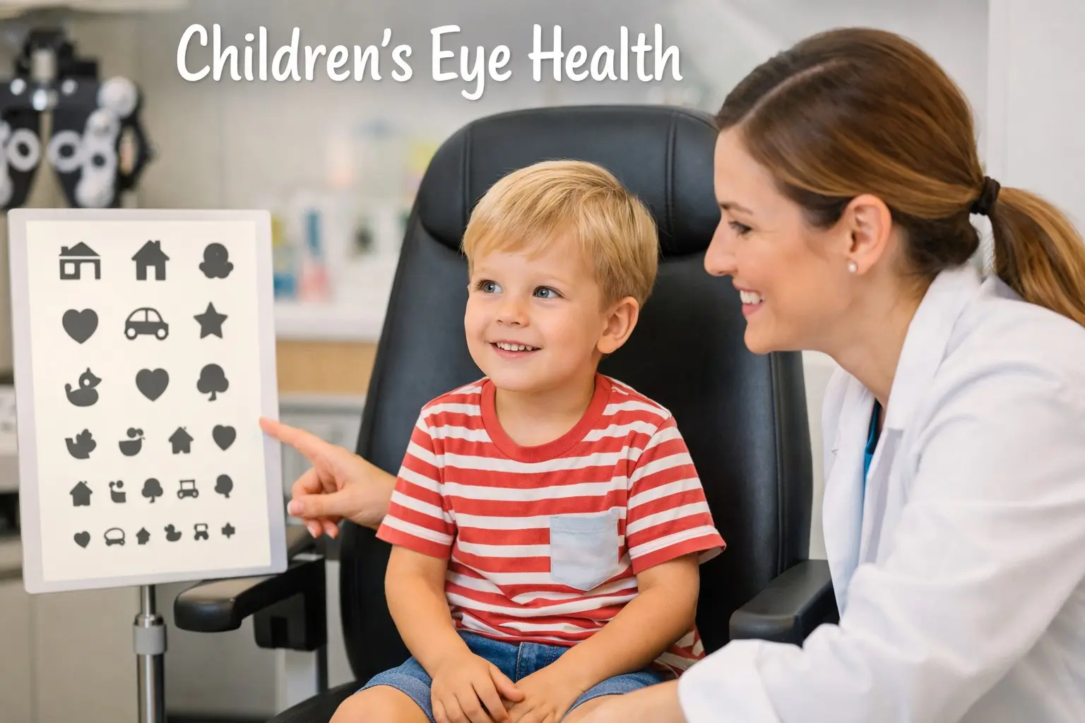 Children's eye health guide showing when to start eye exams warning signs of vision problems amblyopia treatment and myopia prevention tips for parents