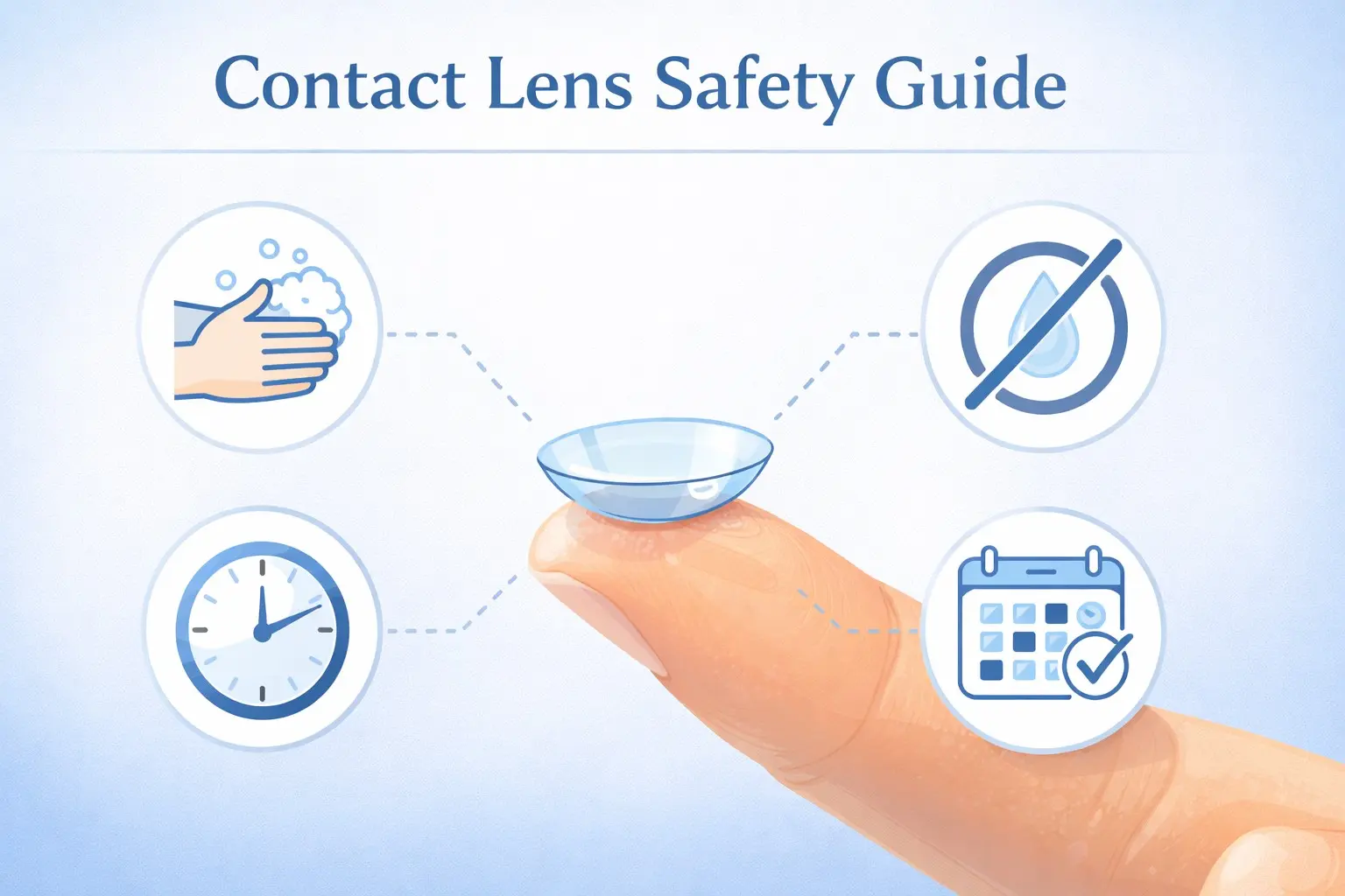 Contact lens safety guide showing hand hygiene proper cleaning and water exposure warnings to prevent eye infections from contact lens wear