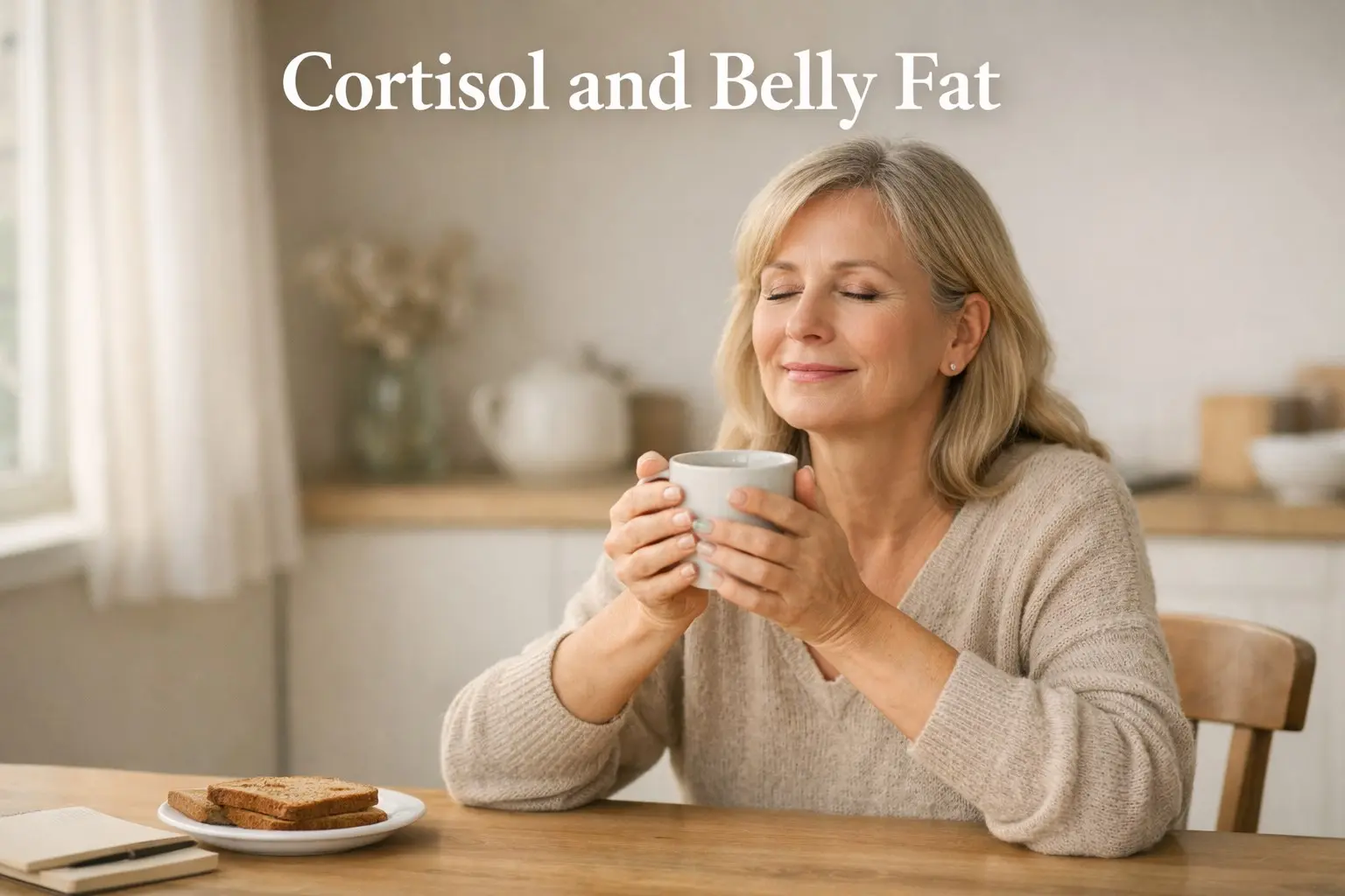Photorealistic editorial photo of a relaxed middle‑aged woman holding a mug of tea at a bright kitchen table, with soft morning light and the title Cortisol and Belly Fat at the top.