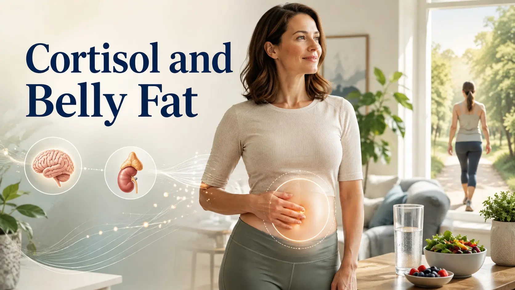 Cortisol and belly fat illustration showing stress, sleep, healthy eating, walking, and relaxation for healthy weight management.